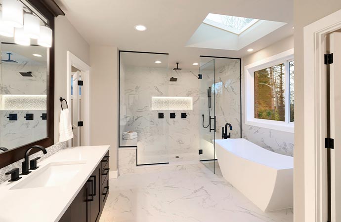 luxury modern home bathroom interior with dark brown cabinets