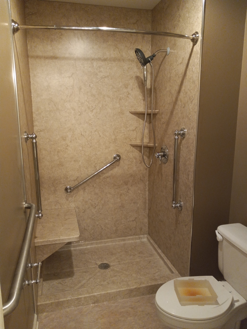 After, Sierra Sand with 3 grab bars for safety, shower bench and hand held shower head